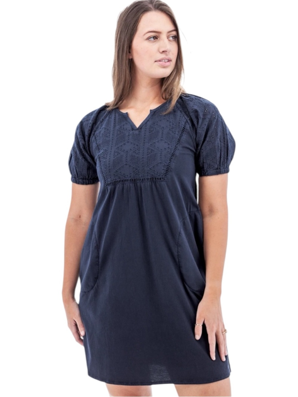 Aventura Shelle Recycled Cotton Eyelet Dress Navy Blue Sz M NWT